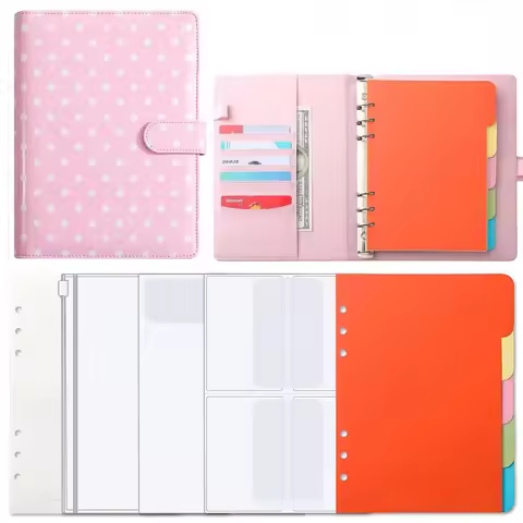 A5 Binder Refillable Planner Notebook 6 Ring PU Leather Binder Journal with 3 styles Pockets, 5 Divi