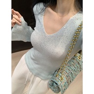 Rhinestone V-neck Flared Sleeves Knitted T-shirt Women's Autumn Slim-Fit Long-Sleeved Elegant Top