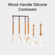 WOOD HANDLE SILICONE COOKWARE / COOKING BRUSH / LADLE / SLOTTED SPOONS / TURNE / SPATULA