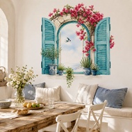 Mediterranean Window Wall Sticker Blue Shutter Bougainvillea Floral Decal 2PCS 60x30cm Coastal Garde
