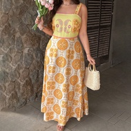 Plus Size Women's Yellow Floral Print Dress, Romantic Bohemian Style Long Dress, Summer Attire Santo