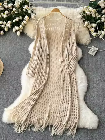 Summer Beach Boho Cardigans Women Crochet Hollow Out Long Sleeve Femalle Knitted Cardigan Tassle Pat