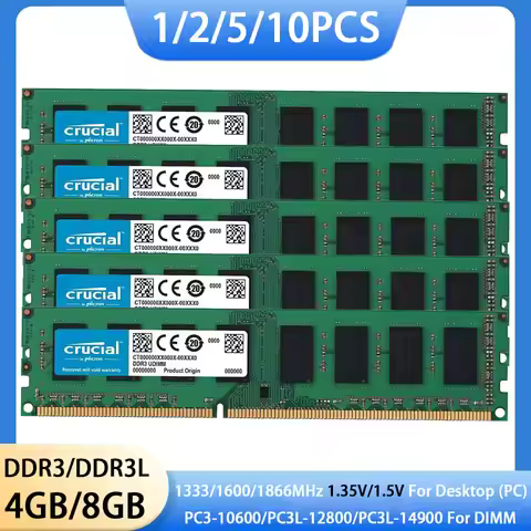 1/2/5/10PCS Crucial Memoria Desktop DDR3 DDR3L RAM 8GB 4GB 1600 1333 1866MHz DIMM Memory 1.35V 1.5V 