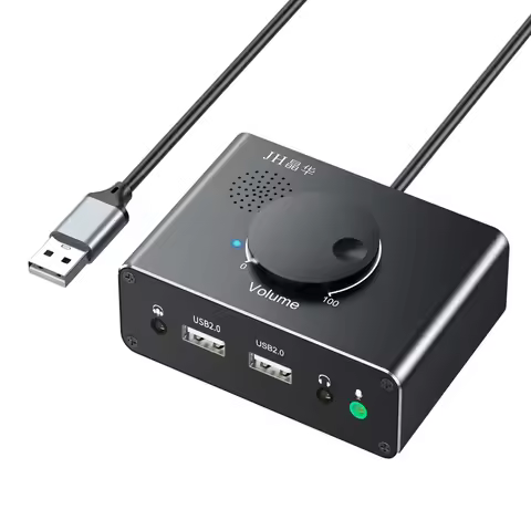 USB External Sound Card 3 Ports USB 2.0 to 3.5mm Sound Card with Volume Control Driver-Free Volume A