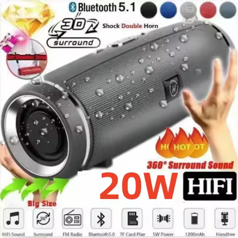 20W Portable Bluetooth Speaker IPX7 Waterproof Outdoor HIFI Pillar Speaker Subwoofer Stereo Speaker 