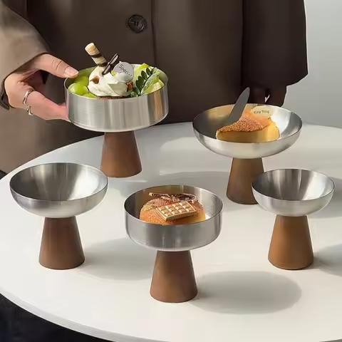 Stainless Steel Bowl Cup Wooden Gem Goblet Dessert Cake Ice Cream Bowl Household Fruit Salad Bowl, P