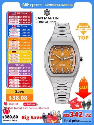 San Martin 39.5mm Tonneau Luxury Men Watch Mineral Dial Casual Sports PT5000 SW200 Automatic Mechani