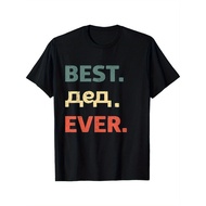 Best Grandpa Ever Cyrillic Graphic T-Shirt - Black Casual Short Sleeve Tee with Three-Color Geometri