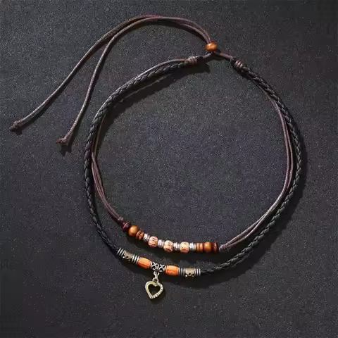 Men's Necklace Vintage Antique Color Heart Leather Necklace for Women Unisex Boho Leather Necklace B