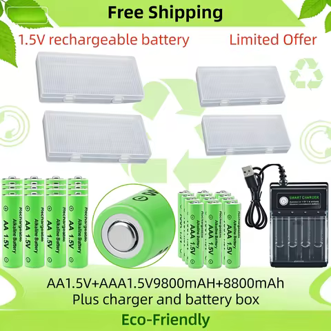 Original Rechargeable Battery Charger Set: 1.5V AA 9800mAh & AAA 8800mAh for Computer, Clock, Radio,