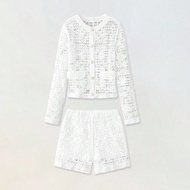 2pcs/Set Spring/Autumn Crochet Flower Button Metal Ring Collar Loose Long Sleeve Jacket And Super Sh