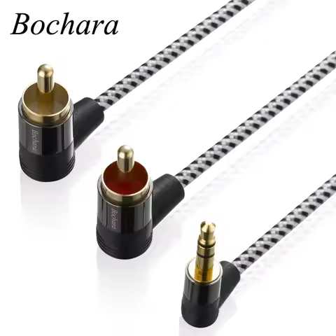 Bochara Braided 90degree 3.5mm jack to 2RCA OFC Audio Cable Gold Plated For Speakers Amplifier Mixer