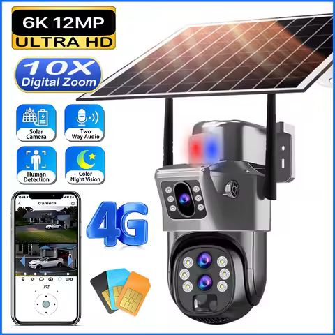 6K 4G Sim Solar Camera 10x Zoom IP CCTV 12MP Dual lens PTZ Surveillance PIR Human Detection Outdoor 