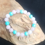 Gelang Batu Akik Cewe Wanita Perempuan Rose Quartz Pink Merah Muda dan Pirus Biru ASLI Alam Natural