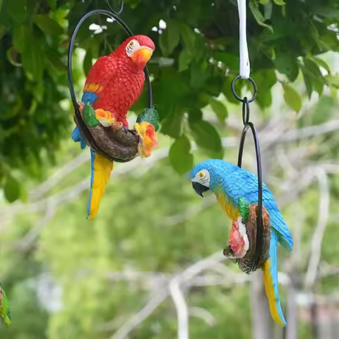 Resin Parrot Statue Iron Ring Perching Bird Statues Artificial Garden Decor Lawn Ornament For Home O