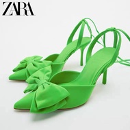 ZARA Women's Shoes New Style Bowknot Green Pointed Toe Fashion Elegant Laced-Up High Heel Stiletto Sandals Women