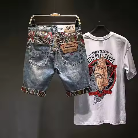 High-end Harajuku Fashion Designer Clothes Embroidered Patchwork Summer Jeans Shorts Men Straight Kn