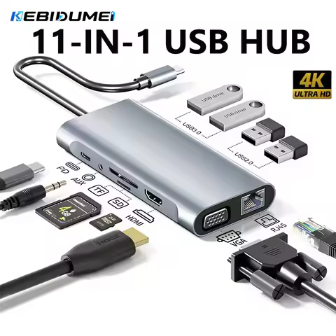 KEBIDUMEI 11-in-1 Docking Station USB 3.0 HUB Type-C to 4K HDMI 5Gbps USB3.0 100M RJ45 100W PD Adapt