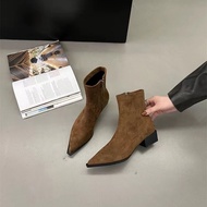 French Vintage Velvet Pointed Toe Chunky Heel รองเท้าบูทสั้น ผู้หญิง สีกากี ด้านข้าง ซิป Boot ยืดได้