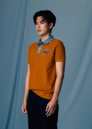 CROCODILE PUMPKIN SPICE CUSTOM FIT POLO SHIRT WITH AZURE BLUE COLLAR AND EMBROIDERY