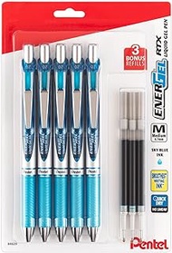 Pentel EnerGel 0.7 mm Liquid Gel Ink Pens - Pack of 5 Sky Blue Deluxe RTX Energel Pens with 3 Refills