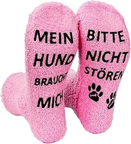 Women's Fluffy Anti-Rutsc Cuddly Socks Medium High Coral Fleece with Animal Paw Motif and Lettering