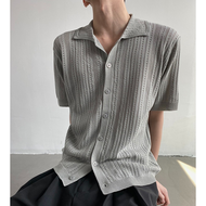 Hanlu เสื้อกันหนาวแบบถักคอปกแขนสั้นกลวงแขนสั้นผู้ชายอเมริกาแบบย้อนยุค