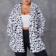 Plus Dalmatian Print Double Breasted Thermal Fuzzy Coat