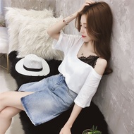 Women's T-Shirt 2023 Half-Sleeved Lace Women's Pure Cotton Loose Fake Two-Piece T-Shirt Korean Version Student Leaky