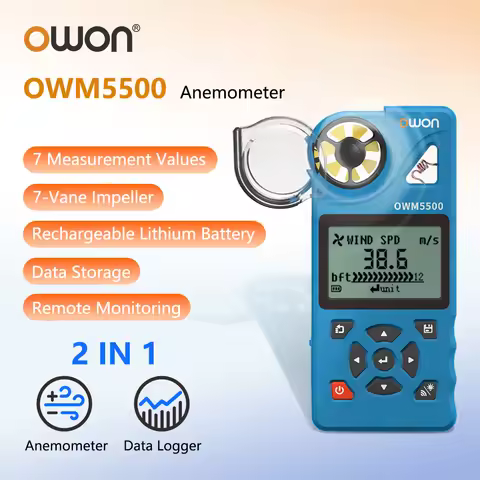 OWON Digital Anemometer Wind Velocity Meter with Data Recording 7 Measurement Values Rechargeable 0-