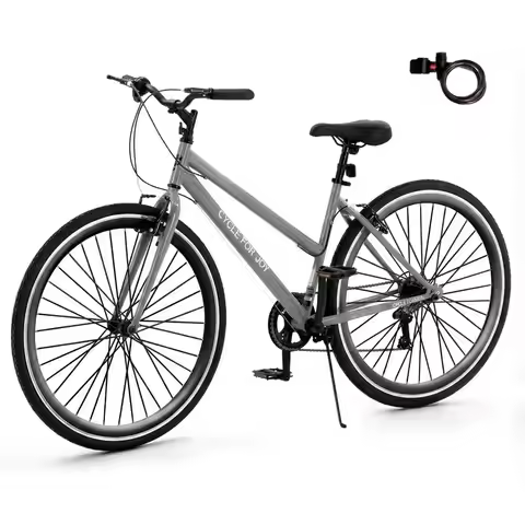 Bike, 7Speed 700C City Commuter Bicycle, Low StepThrough Frame, Adjustable Seat amp Handlebar, V Bra