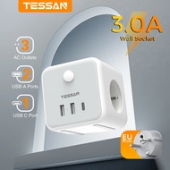 TESSAN FR Wall Socket Cube Power Strip with 3 French Outlets and 3 USB Charging Ports 6 in 1 Multi O
