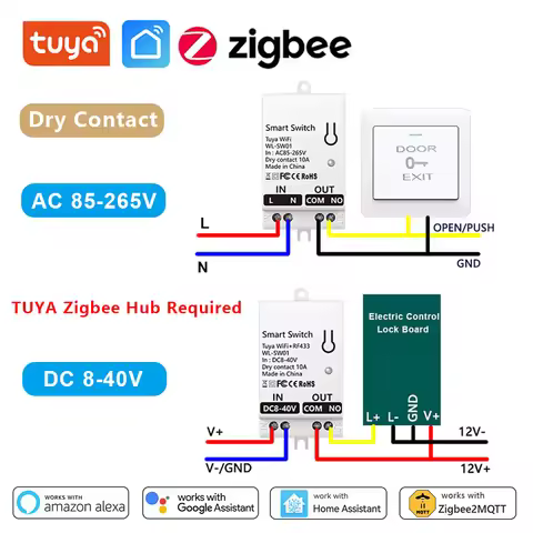 Tuya ZigBee Smart Dry Contact Switch Module DIY Breaker Relay AC 85-265V/DC 8-40V Work for Smart Lif
