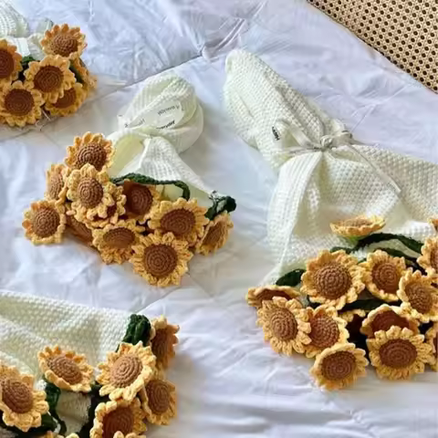 Crochet Rose Bouquet Blanket Sunflower Carnation Fashion Artificial Knitted Blanket Finished DIY Cra