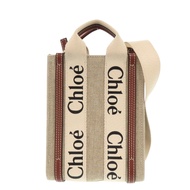 近全新 Chloe WOODY 南北迷你托特包 CHC24AP243I2690U 皮革亞麻帆布ブラウン兩用單肩包 0934 [二手] Chloe