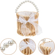 กระเป๋าสานประดับมุก ตะกร้าสานหวาย กระเป๋าถือ Handbag: Summer Beach Mini Faux Pearl &amp; Bow Decor Bucket Bag