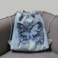 2023 Bow Stream Denim Chain Backpack Simple Embroidered Stray Denim Handbag Backpack