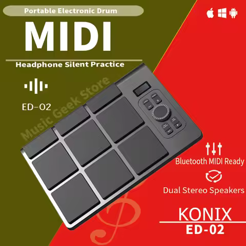 KONix ED02 Portable Electronic Drum Set – Velocity Pads, BT MIDI, Dual Speakers, 2-in-1 Modes, Silen