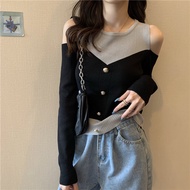 Machine Off-the-Shoulder Long-Sleeved Sweater Women 2024 Sex Slim-Fit Fake Two-Piece Top