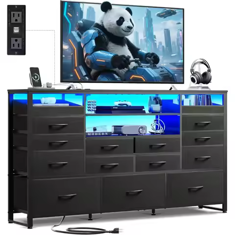 Black TV Stand for 55, 60, 65 inch TV, Entertainment Center with LED Lights & Charging Station, TV M