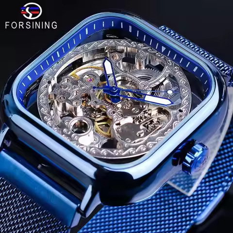 New Luxury Men's Square Skeleton Mechanical Watch, Fully Automatic Winding with Precision Carved Mov