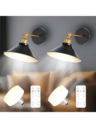 2入組白色電池壁燈,無線可調光磁性貼壁燈,適用於卧室、農舍畫廊的老式可調式牆燈,配備遙控器