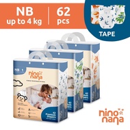 Nino Nana Tape Diapers NB (up to 4kg) 62 pcs - Newborn diapers