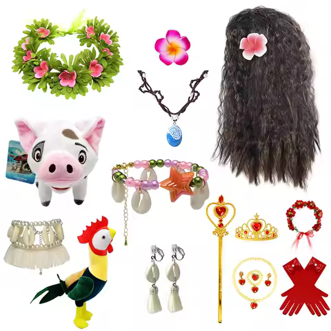 Gilrs New Movie Moana 1&2 Wig and Necklace Flower Clip Dress Up Set Vaiana Costume Accessories Moana