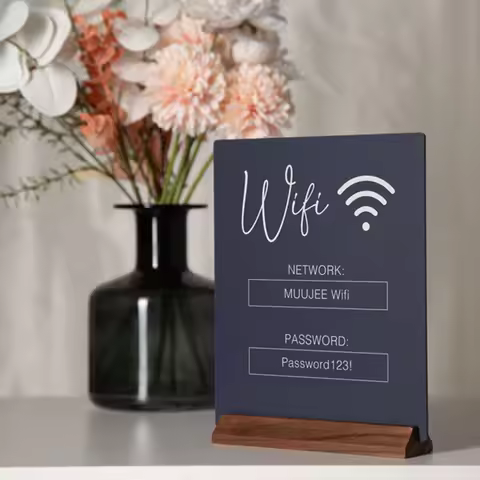 Custom WiFi QR Code Acrylic Table Sign with Wood Base Scan to WiFi Signage for Home Airbnb Salon Spa