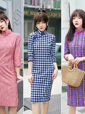 Checkered Cheongsam Girl Elegant Cheongsam Chinese Cheongsam Skirt Art Fresh Student Qipao Daily Fas