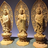 ZzBoxwood Buddha Statue Guanyin Bodhisattva Wood Carving Stand Western Trinity a Set of Amitabha Buddha Wooden Ornaments