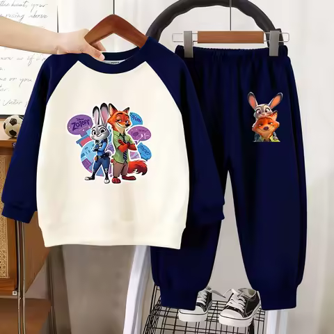 Disney Zootopia Cartoon Printed Children Autumn Clothing Set Fashion Splicing Sleeve O-Neck Hoodies 