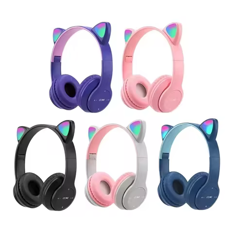 Kids P47M Wireless Game Headphone Flash Light Cute Cat Ears Gaming with Mic Control LED Stereo Music