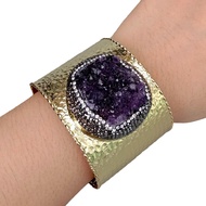 Y.YING Natural Amethyst Druzy Rough Raw Bangle With Gold Plated Cuff Bangle Jewelry